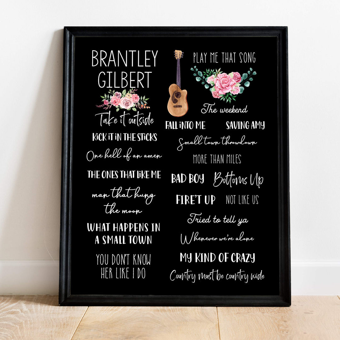 Brantley Gilbert-Song Titles Wall Art Sign -11 x 14" Country Music Poster Print w/Guitar Image-Ready to Frame. Rustic Decor for Home-Studio-Bar-Dorm-Cave. Great Gift for Brantley Gilbert Fans!