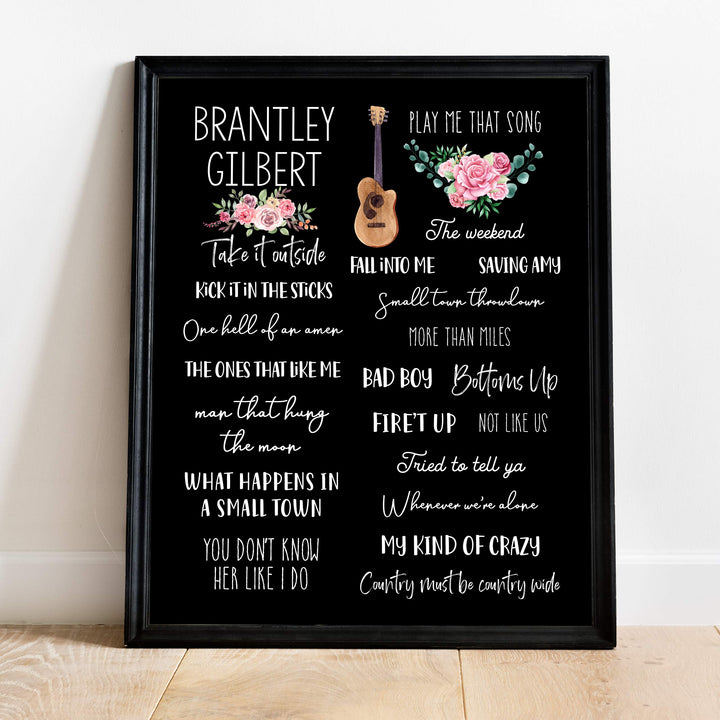 Brantley Gilbert-Song Titles Wall Art Sign -11 x 14" Country Music Poster Print w/Guitar Image-Ready to Frame. Rustic Decor for Home-Studio-Bar-Dorm-Cave. Great Gift for Brantley Gilbert Fans!
