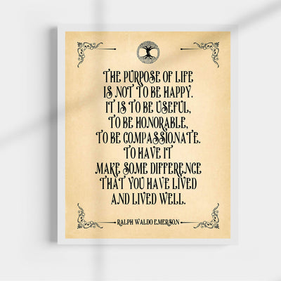 Ralph Waldo Emerson Quotes-"The Purpose Of Life Is To Be Useful" Inspirational Wall Art -11 x 14" Poetic Distressed Parchment Print-Ready To Frame. Perfect Home-Office-Study-School-Library Decor!