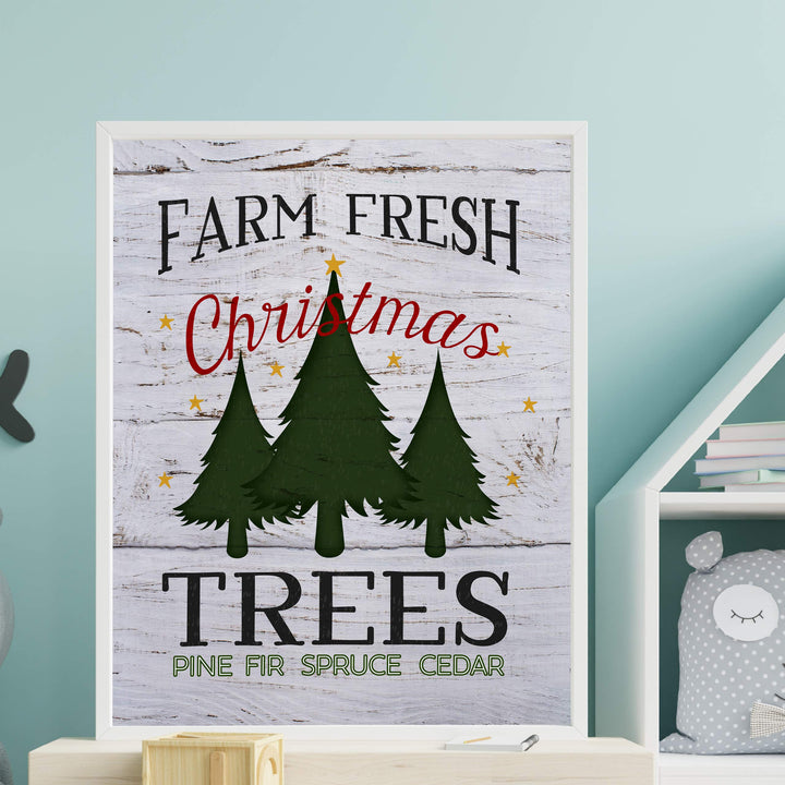 Farm Fresh Christmas Trees Rustic Farmhouse Holiday Decor -11 x 14" Christmas Wall Print w/Replica Wood Design-Ready to Frame. Perfect Home-Kitchen-Welcome-Entryway Decor. Printed on Paper.