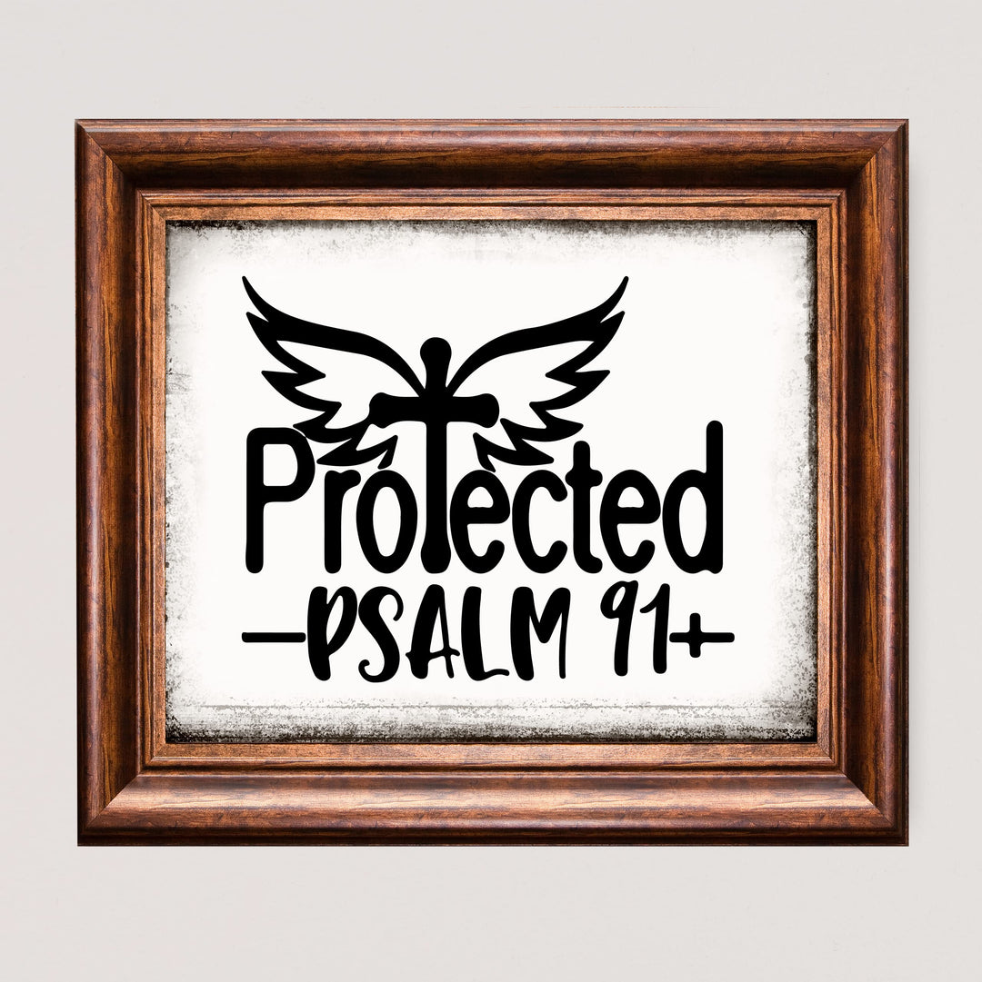 Protected-Psalm 91 Bible Verse Wall Art Print -10 x 8- Rustic Cross w/Angel Wings Print- Ready to Frame. Scripture Wall Decor for Home -Office -School -Religious &amp; Christian Gifts. Powerful Verse.