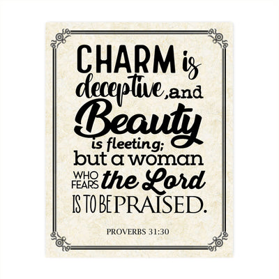 Beauty Is Fleeting-Woman Who Fears the Lord-To Be Praised-Proverbs 31:30 Bible Verse Wall Art- 8x10"-Scripture Print-Ready to Frame. Inspirational Home-Office-Church Decor. Great Christian Gift!