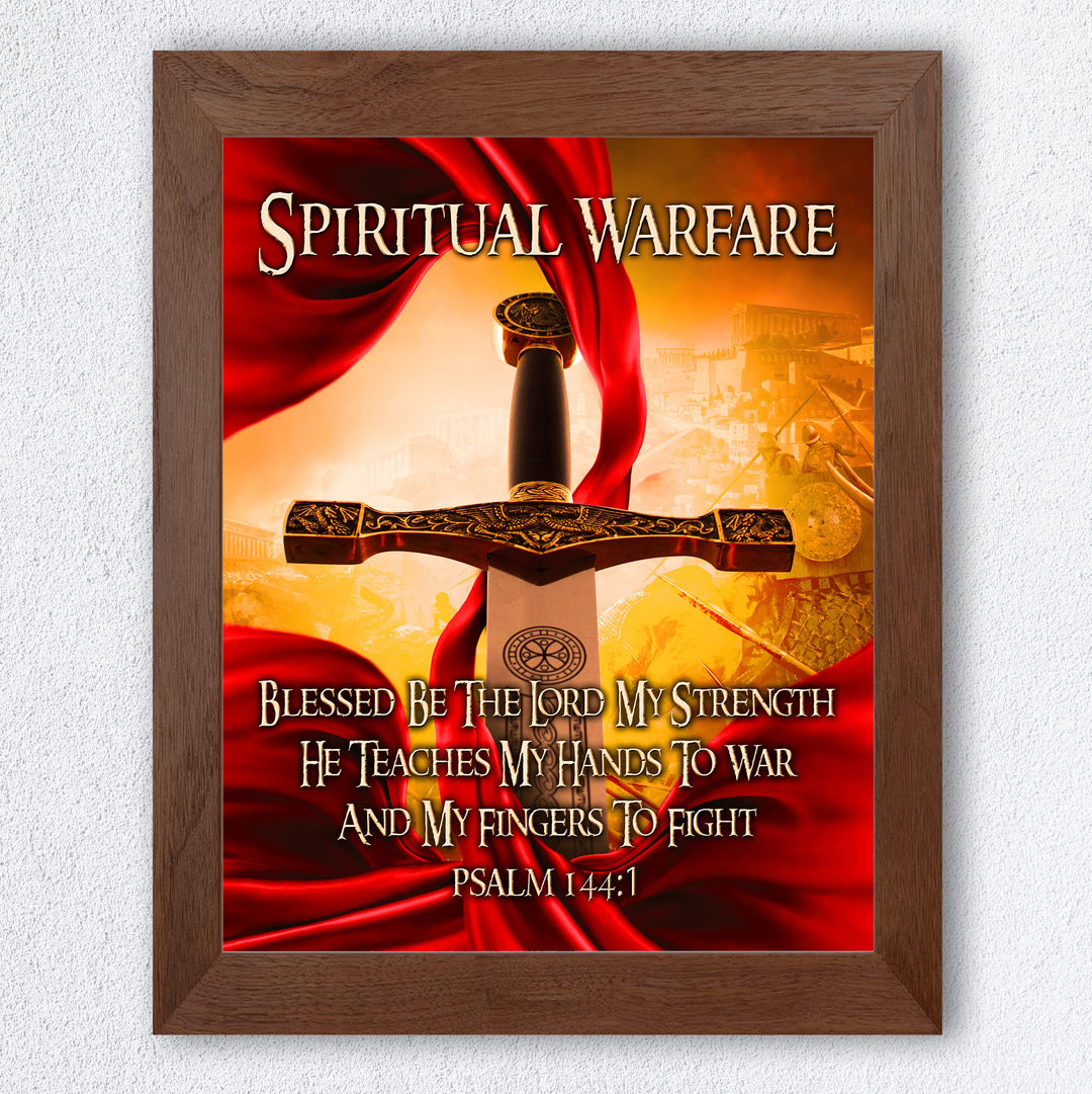 Spiritual Warfare-Blessed Be the Lord Bible Verse Wall Art -8x10" Motivational Christian Sword Picture Print-Ready to Frame. Home-Office-Sunday School-Church Decor. Great Gift of Faith! Psalm 144:1