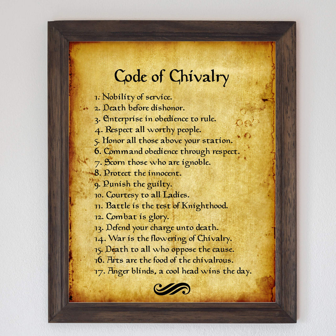 Code of Chivalry Motivational Wall Art for Men -8 x 10" Typographic Poster Print-Ready to Frame. Distressed Parchment Design. Home-Office-Man Cave-School Decor. Great Advice for All Gentlemen!