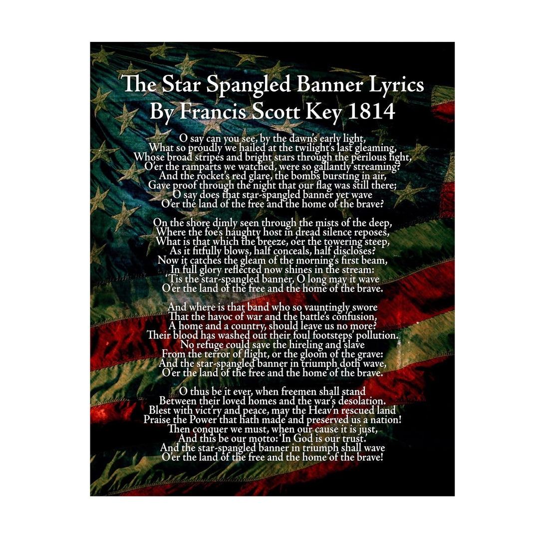 "Star Spangled Banner Lyrics"-National Anthem Song Art Wall Decor -11 x 14" American Flag Poster Print-Ready to Frame. Patriotic Home-Office-School-Garage-Cave-History Classroom Decor.