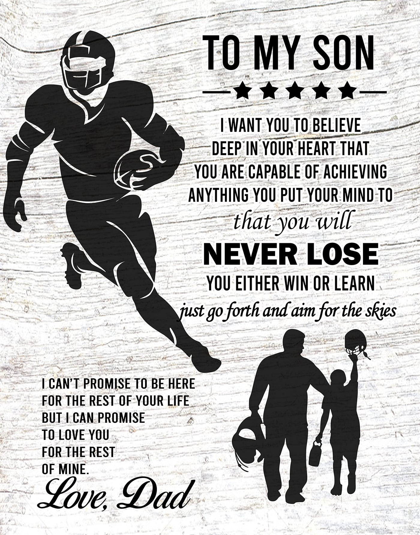 "To My Son -Never Lose- Win or Learn" Inspirational Family Wall Art Sign -11x14" Typographic Sports Poster Print -Ready to Frame. Loving Message for Any Son. Great Keepsake Gift Love Dad!