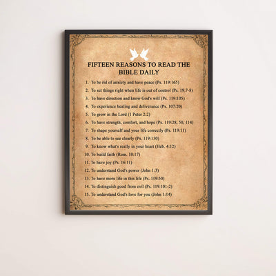 Fifteen Reasons to Read the Bible Daily-Bible Verse Wall Art-11 x 14" Scripture Wall Print-Ready to Frame. Inspirational Christian Home-Office-Church Decor. Perfect Sunday School-Classroom Decor!