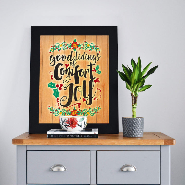 Good Tidings of Comfort and Joy Christmas Wall Sign-8x10" Christian Holiday Art on Replica Wood Design Print-Ready to Frame. Festive Home-Welcome-Kitchen-Farmhouse-Winter Decor! Printed on Paper.