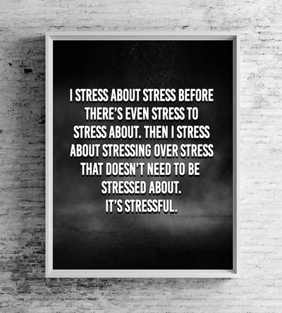 I Stress About Stress-It's Stressful -Funny Sign Poster Print -8 x 10" Modern Typographic Wall Art Print -Ready To Frame. Humorous Decor for Home-Office-Dorm. Fun Desk Sign. Great Novelty Gift!