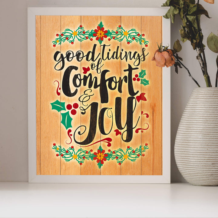 Good Tidings of Comfort and Joy Christmas Wall Sign-8x10" Christian Holiday Art on Replica Wood Design Print-Ready to Frame. Festive Home-Welcome-Kitchen-Farmhouse-Winter Decor! Printed on Paper.
