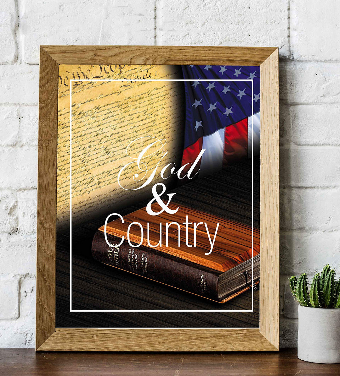 God and Country- 8 x 10" Wall Decor Image-Ready To Frame. Pro-American Poster Print with Flag-Bible-Constitution. Patriotic Decor for Home-Office-Garage-Bar. Show Your Love of God and USA!