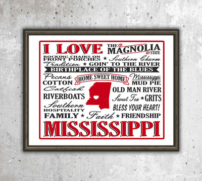 I Love Mississippi Because- Word Art Wall Sign- 10 x 8" -Vintage Typographic Poster Print-Ready to Frame. Perfect Decor for Home-Office-Studio-Bar-Cafe-Dorm. Great Display of State Pride!