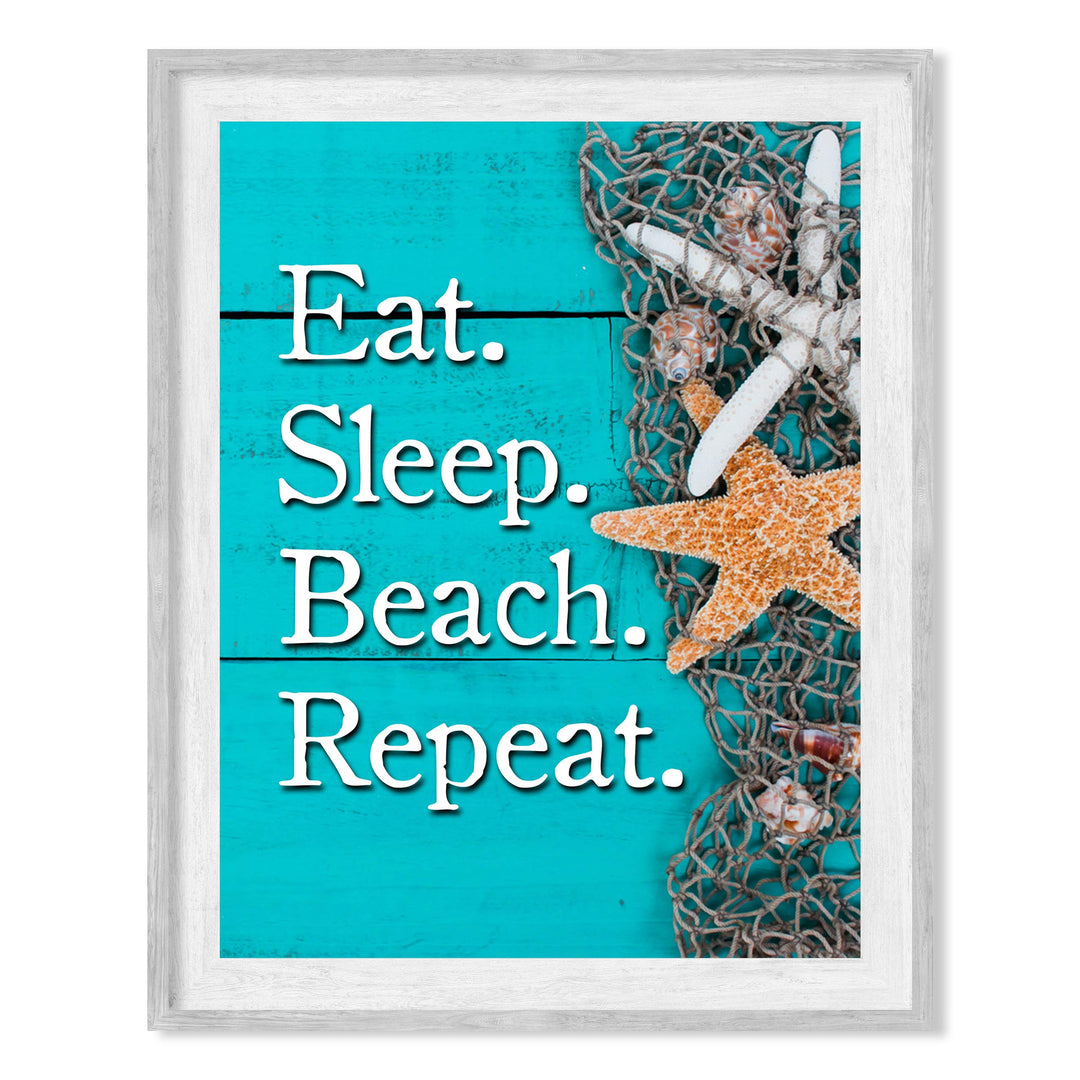 Eat. Sleep. Beach. Repeat Inspirational Beach-Ocean Themed Sign -8 x 10" Wall Print w/Starfish Images-Ready to Frame. Replica Distressed Wood Design. Perfect Home-Beach House-Nautical Decor!