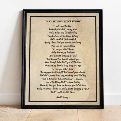 Brett Young-"In Case You Didn't Know"-Song Lyric Wall Art- 11 x 14" Country Music Poster Print-Ready to Frame. Home-Office-Studio-Bar-Cave-Farmhouse Decor. Perfect Valentines-Anniversary Gifts!