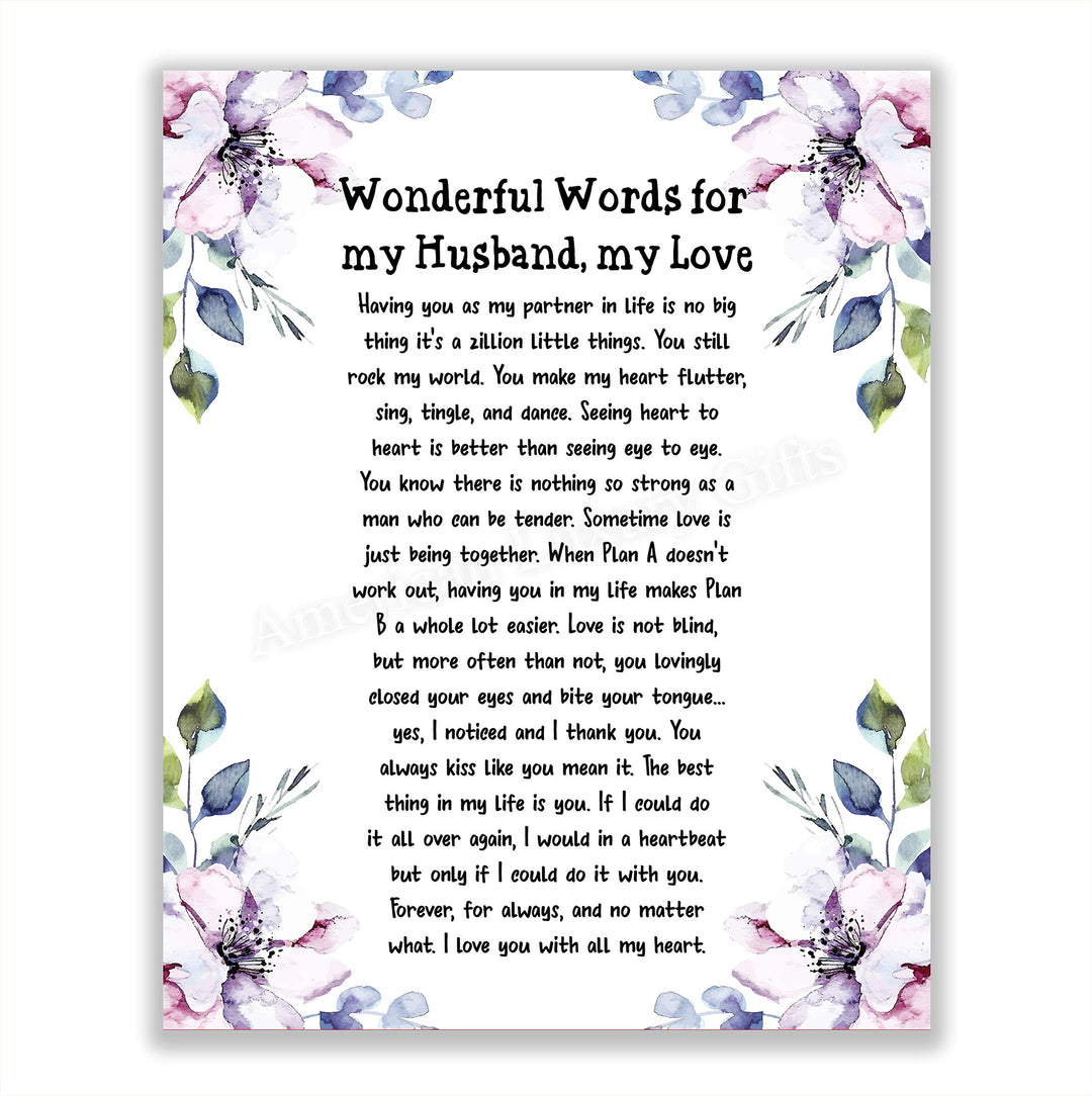 Wonderful Words for My Husband, My Love- Romantic Poem Wall Art Print- 8 x 10" Floral Typographic Print-Ready to Frame. Perfect for Spouses, Newlyweds, &amp; BFF&