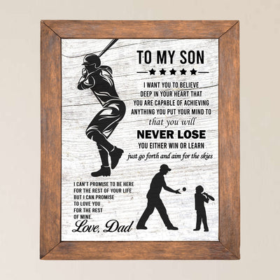 "To My Son -Never Lose- Win or Learn" Inspirational Family Wall Art Sign -11x14" Typographic Sports Poster Print -Ready to Frame. Loving Message for Any Son. Great Keepsake Gift Love Dad!