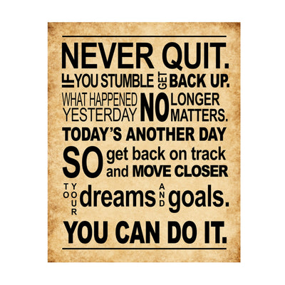 Never Quit-Get Back Up Motivational Quotes Wall Art Sign -11 x 14" Inspirational Exercise and Fitness Poster Print -Ready to Frame. Perfect Home-Gym-Weight Room Decor. Great Gift of Motivation!