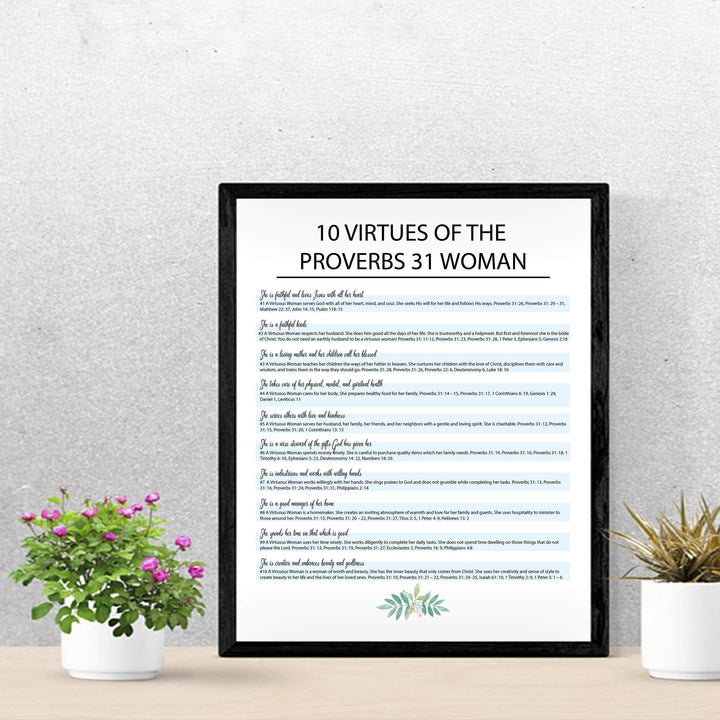 Ten Virtues of the Proverbs 31 Woman-Bible Verse Wall Art Sign -11 x 14" Scripture Wall Print-Ready to Frame. Inspirational Home-Office-Church Decor. Great Religious Gift for Christian Women!