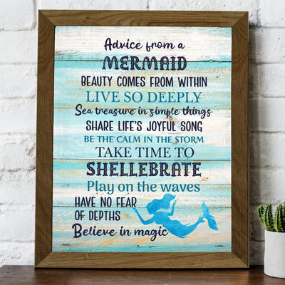 Advice From a Mermaid Inspirational Beach Wall Decor -8 x 10" Rustic Ocean Themed Art Print w/Distressed Wood Design -Ready to Frame. Home-Girls Bedroom-Nautical Decor. Perfect for the Beach House!
