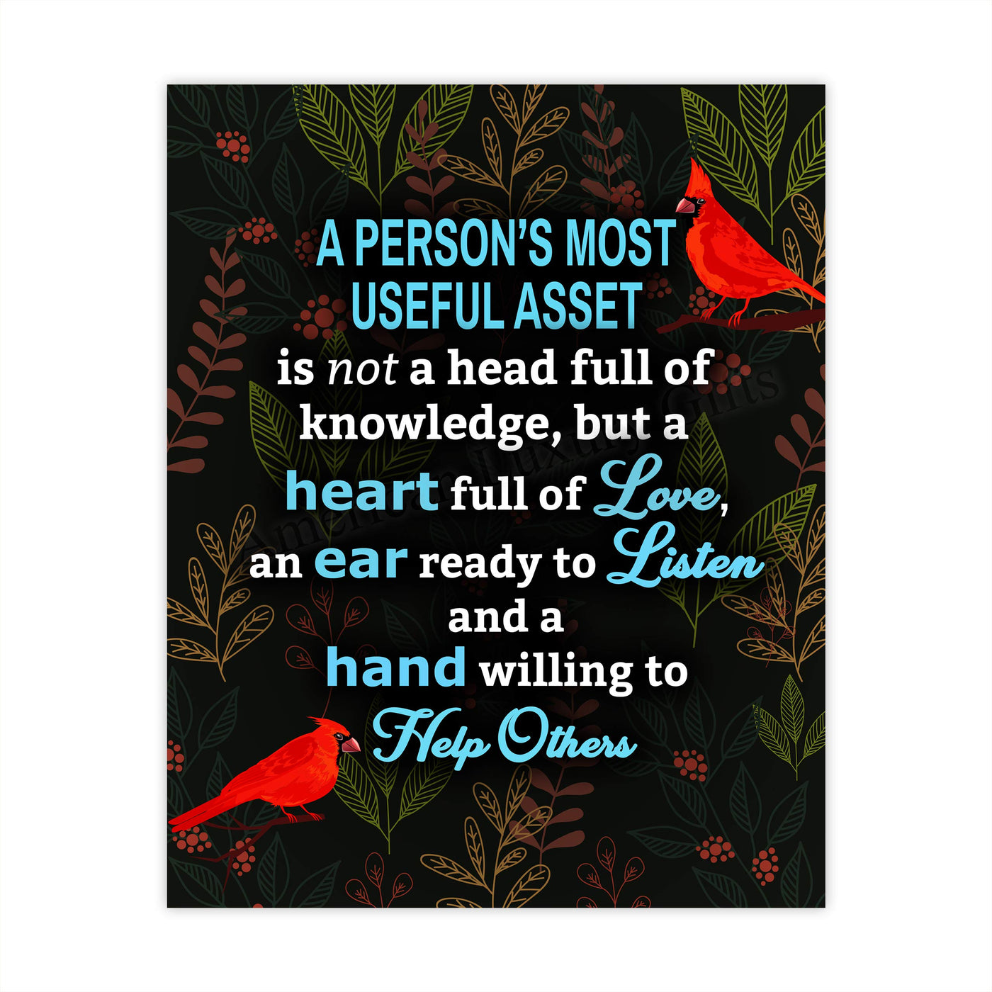 A Person's Most Useful Asset Inspirational Quotes Wall Art -8 x 10" Abstract Floral Print w/Cardinal Birds-Ready to Frame. Positive Home-Office-School-Dorm Decor. Great Motivational Gift!