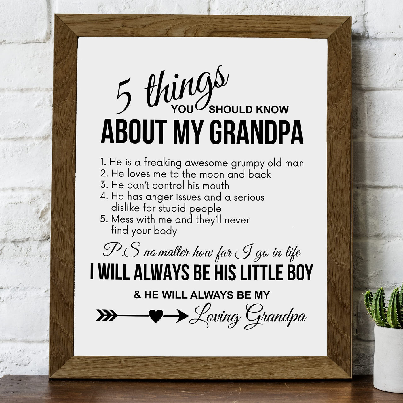 5 Things to Know About My Grandpa Funny Family Wall Decor Sign -8 x 10" Rustic Inspirational Farmhouse Print -Ready to Frame. Home-Boys Bedroom-Family Room Decor. Great Papa Gift for All Grandsons!