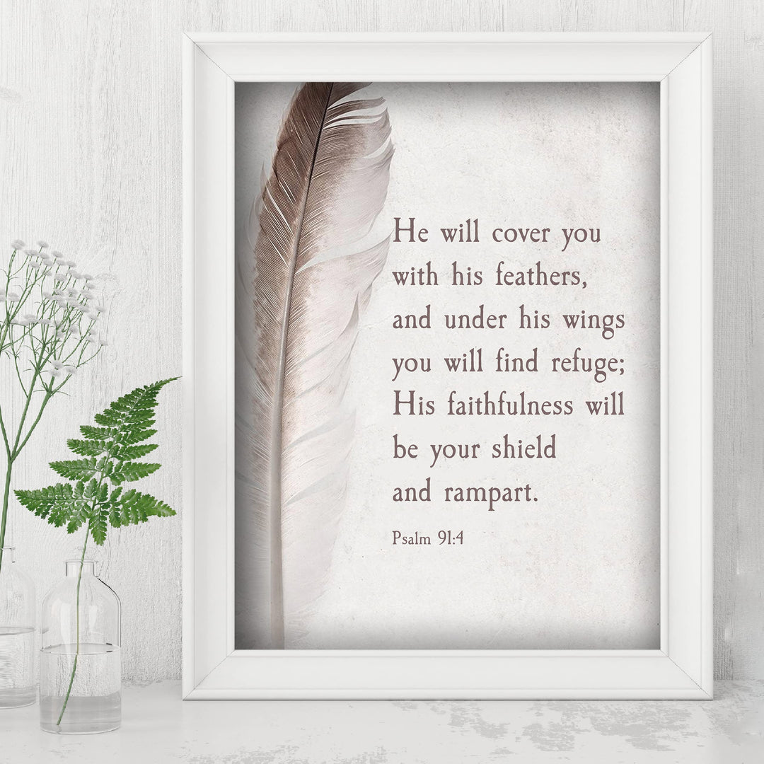 Psalm 91:4-"He Will Cover You With His Feathers"-Bible Verse Wall Art -8 x 10" Scripture Print w/Feather Image-Ready to Frame. Christian Decor for Home-Office-Church. Great Religious Gift of Faith!