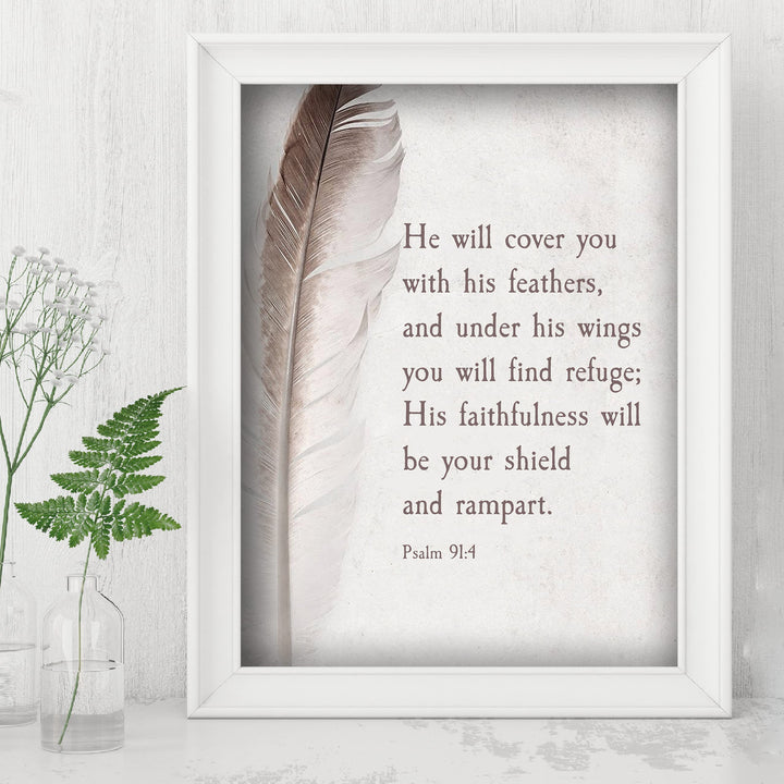 Psalm 91:4-"He Will Cover You With His Feathers"-Bible Verse Wall Art -8 x 10" Scripture Print w/Feather Image-Ready to Frame. Christian Decor for Home-Office-Church. Great Religious Gift of Faith!