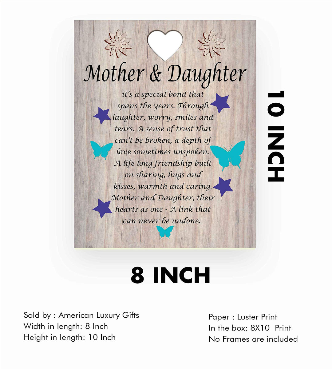 Mother &amp; Daughter-A Link That Can Never Be Undone Inspirational Poem Print. 8 x 10" Modern Poetic Wall Art Decor w/Distressed Wood Design-Ready to Frame. Inspiring Gift for Mothers &amp; Daughters!