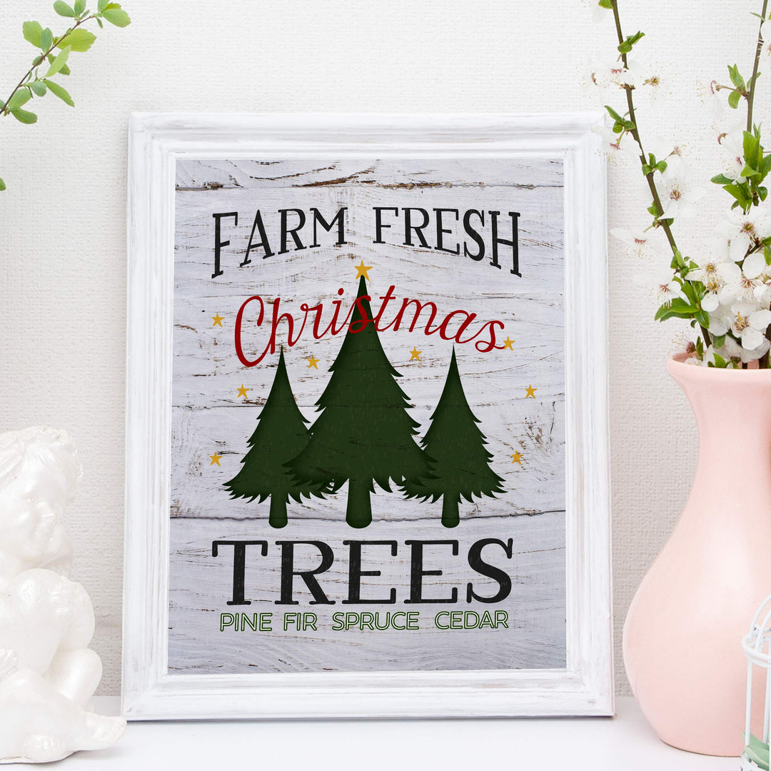 Farm Fresh Christmas Trees Rustic Farmhouse Holiday Decor -11 x 14" Christmas Wall Print w/Replica Wood Design-Ready to Frame. Perfect Home-Kitchen-Welcome-Entryway Decor. Printed on Paper.