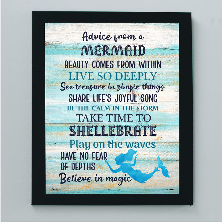 Advice From a Mermaid Inspirational Beach Wall Decor -8 x 10" Rustic Ocean Themed Art Print w/Distressed Wood Design -Ready to Frame. Home-Girls Bedroom-Nautical Decor. Perfect for the Beach House!