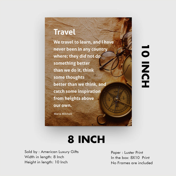 ?We Travel to Learn &amp; Catch Inspiration?-Motivational Wall Art-8x10" Typographic Distressed Parchment Print w/Compass Image-Ready to Frame. Inspirational Home-Office-Classroom-Cave-Library Decor!