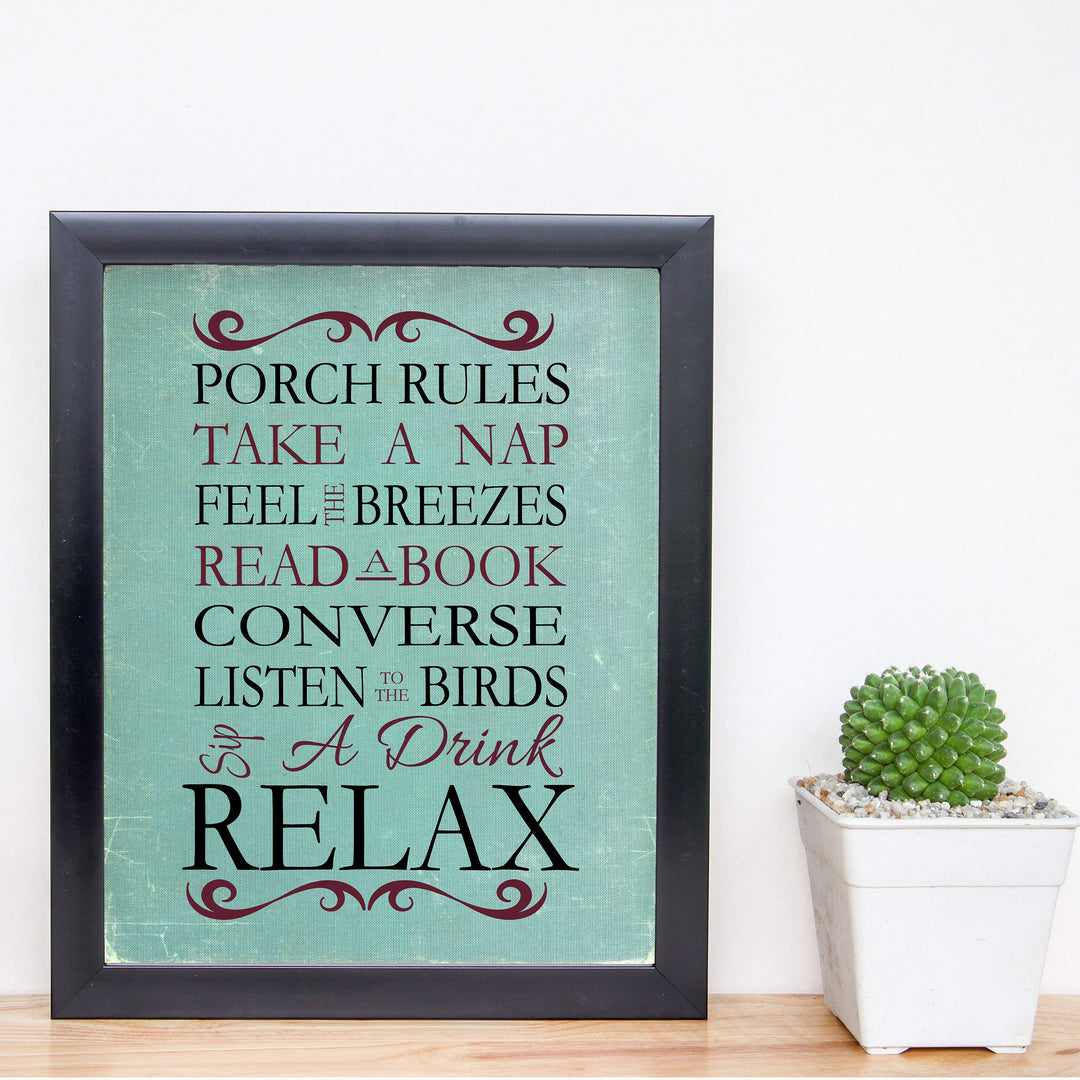 Porch Rules Home Sign Print-8 x 10" Wall Decor Print- Ready to Frame. Distressed Sign Replica Print for Beach-Deck-Cabin-Lake House Decor. Fun Relaxation Quips &amp; Sayings. Great Housewarming Gift!