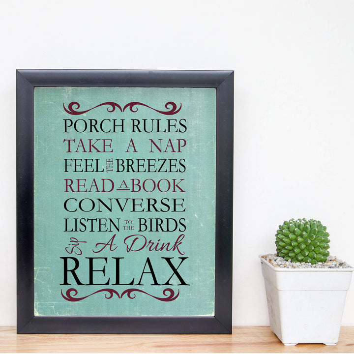 Porch Rules Home Sign Print-8 x 10" Wall Decor Print- Ready to Frame. Distressed Sign Replica Print for Beach-Deck-Cabin-Lake House Decor. Fun Relaxation Quips &amp; Sayings. Great Housewarming Gift!