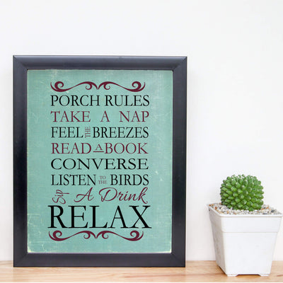 Porch Rules Home Sign Print-8 x 10" Wall Decor Print- Ready to Frame. Distressed Sign Replica Print for Beach-Deck-Cabin-Lake House Decor. Fun Relaxation Quips & Sayings. Great Housewarming Gift!