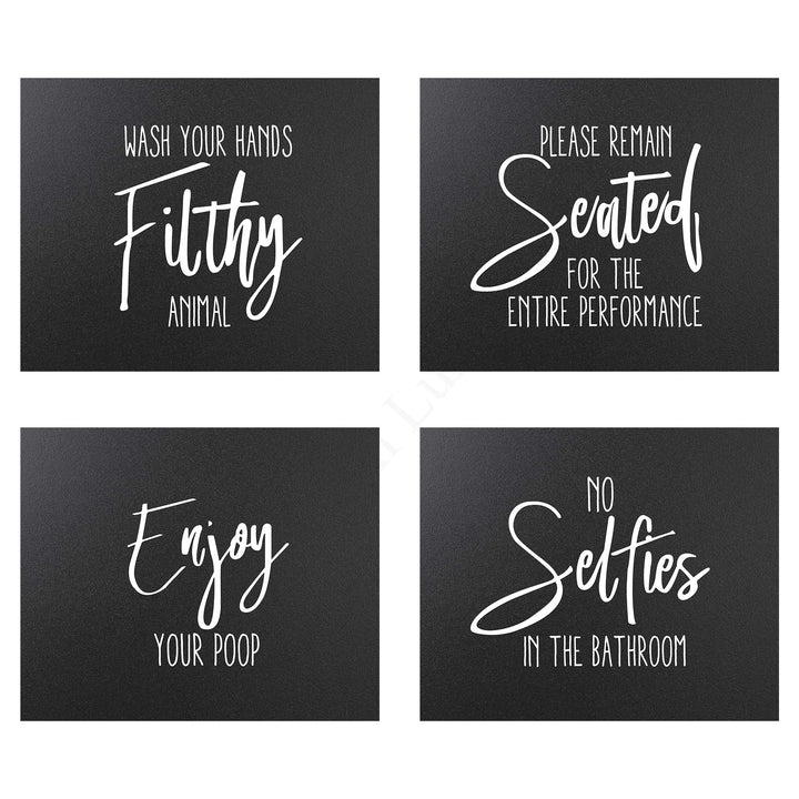 Wash Your Hands Filthy Animal Funny Bathroom Signs-Set of (4)-10 x 8" Wall Prints-Ready to Frame."No Selfies in the Bathroom"-"Enjoy Your Poop"-"Please Stay Seated" Fun Home-Guest Bathroom Decor!
