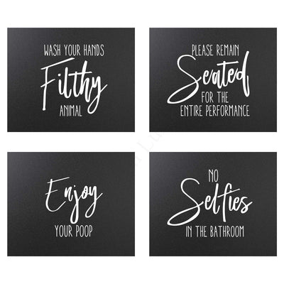 Wash Your Hands Filthy Animal Funny Bathroom Signs-Set of (4)-10 x 8" Wall Prints-Ready to Frame."No Selfies in the Bathroom"-"Enjoy Your Poop"-"Please Stay Seated" Fun Home-Guest Bathroom Decor!