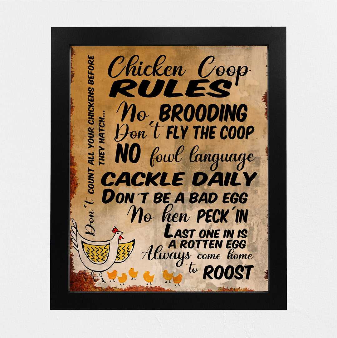 Chicken Coop Rules-Cackle Daily-Funny Farmhouse Wall Sign -8 x 10" Rustic Chicken Art Print-Ready to Frame. Retro Country Decor for Home-Kitchen-Farm-Patio. Great Gift! Printed on Photo Paper.