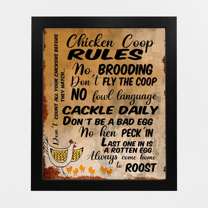 Chicken Coop Rules-Cackle Daily-Funny Farmhouse Wall Sign -8 x 10" Rustic Chicken Art Print-Ready to Frame. Retro Country Decor for Home-Kitchen-Farm-Patio. Great Gift! Printed on Photo Paper.