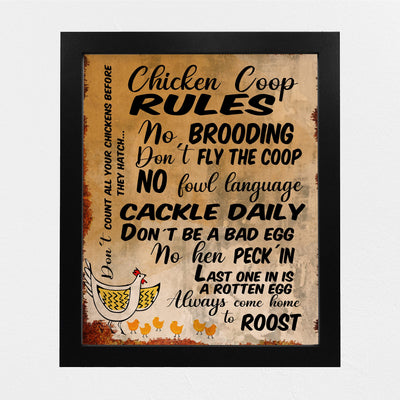 Chicken Coop Rules-Cackle Daily-Funny Farmhouse Wall Sign -8 x 10" Rustic Chicken Art Print-Ready to Frame. Retro Country Decor for Home-Kitchen-Farm-Patio. Great Gift! Printed on Photo Paper.