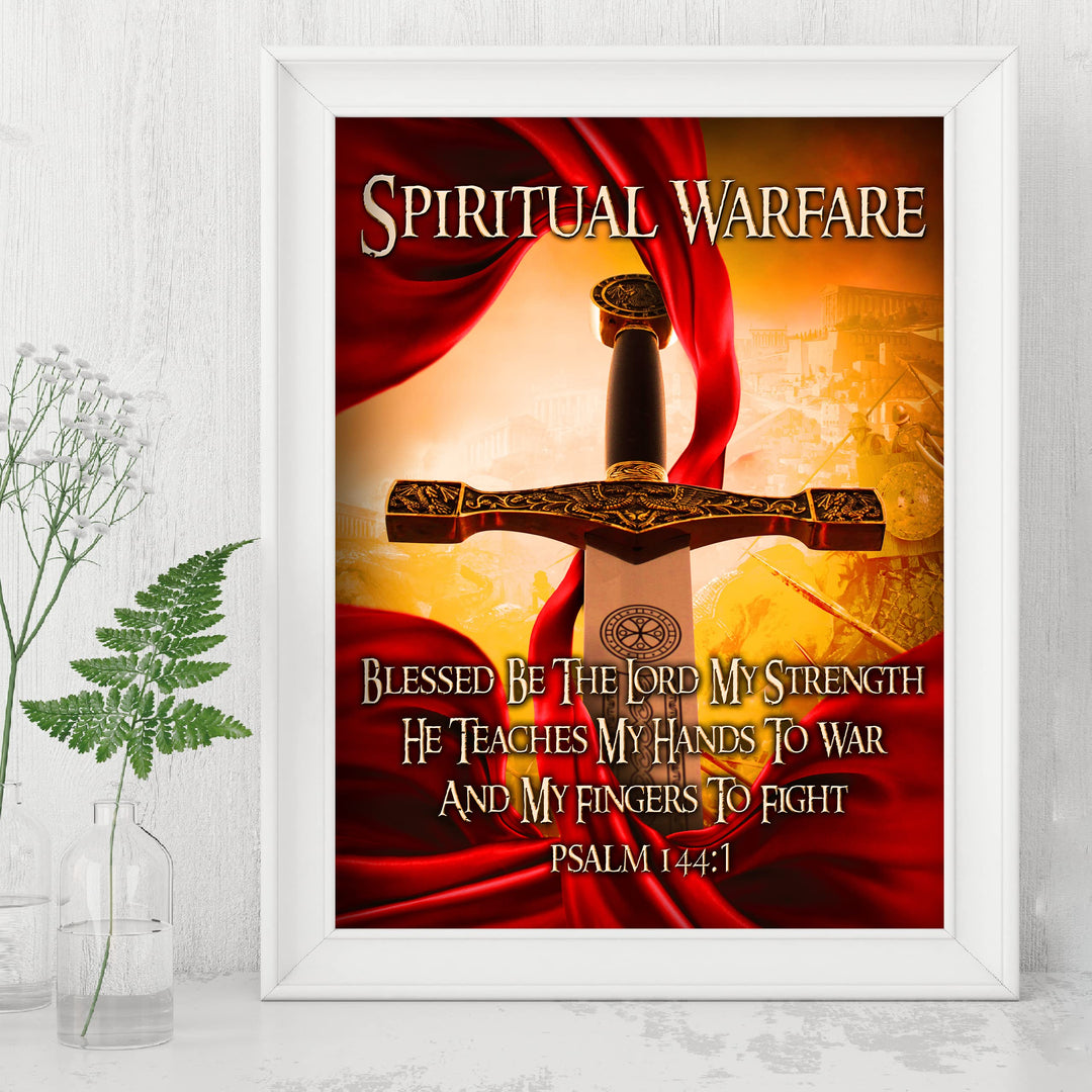 Spiritual Warfare-Blessed Be the Lord Bible Verse Wall Art -8x10" Motivational Christian Sword Picture Print-Ready to Frame. Home-Office-Sunday School-Church Decor. Great Gift of Faith! Psalm 144:1