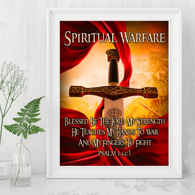 Spiritual Warfare-Blessed Be the Lord Bible Verse Wall Art -8x10" Motivational Christian Sword Picture Print-Ready to Frame. Home-Office-Sunday School-Church Decor. Great Gift of Faith! Psalm 144:1