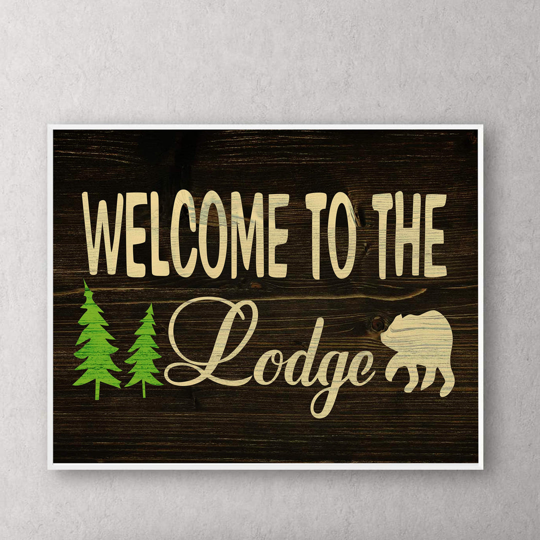 Welcome to the Lodge-Rustic Wall Decor Print- 14 x 11" Outdoors Themed Print w/Bear Silhouette-Ready to Frame. Replica Distressed Wood Design for Home-Cabin-Deck-Lodge-Lake. Printed on Photo Paper.