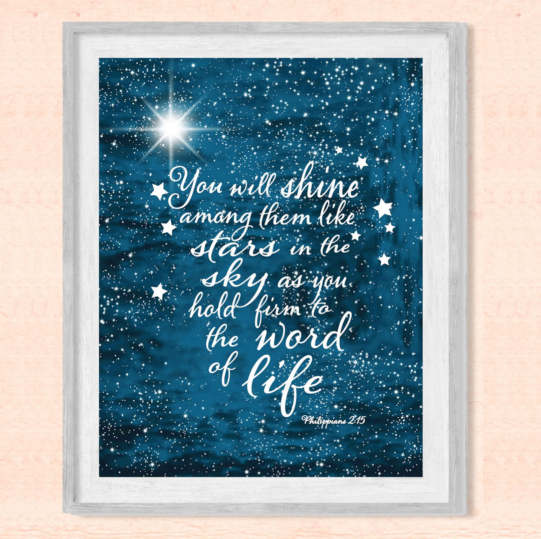 ?You Will Shine Like Stars in the Sky?- Philippians 2:15- Bible Verse Wall Art- 8 x 10" Starry Typographic Design. Scripture Wall Print-Ready to Frame. Home-Office-Church D?cor. Great Christian Gift!