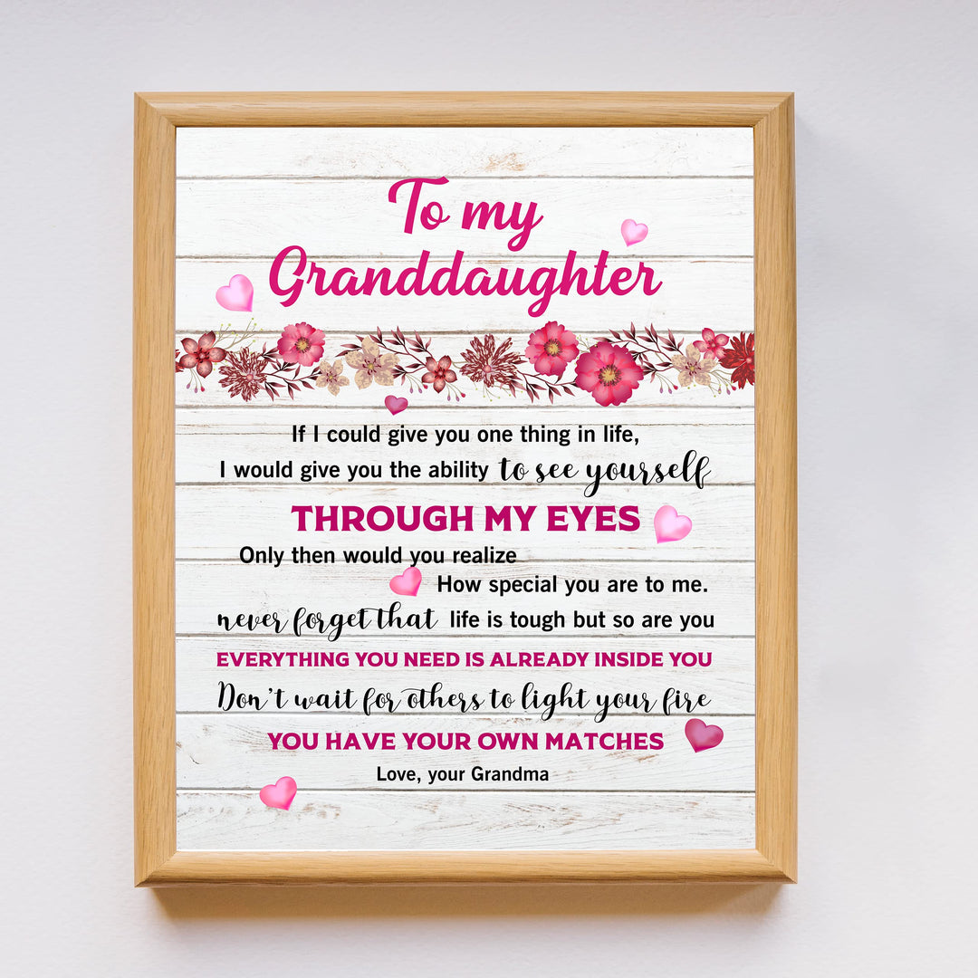 My Special Granddaughter - Love Grandma Inspirational Family Wall Art Sign -11 x 14" Pink Floral Heart Print -Ready to Frame. Perfect Home-Bedroom Decor. Loving Keepsake Gift for Teens &amp; Girls!