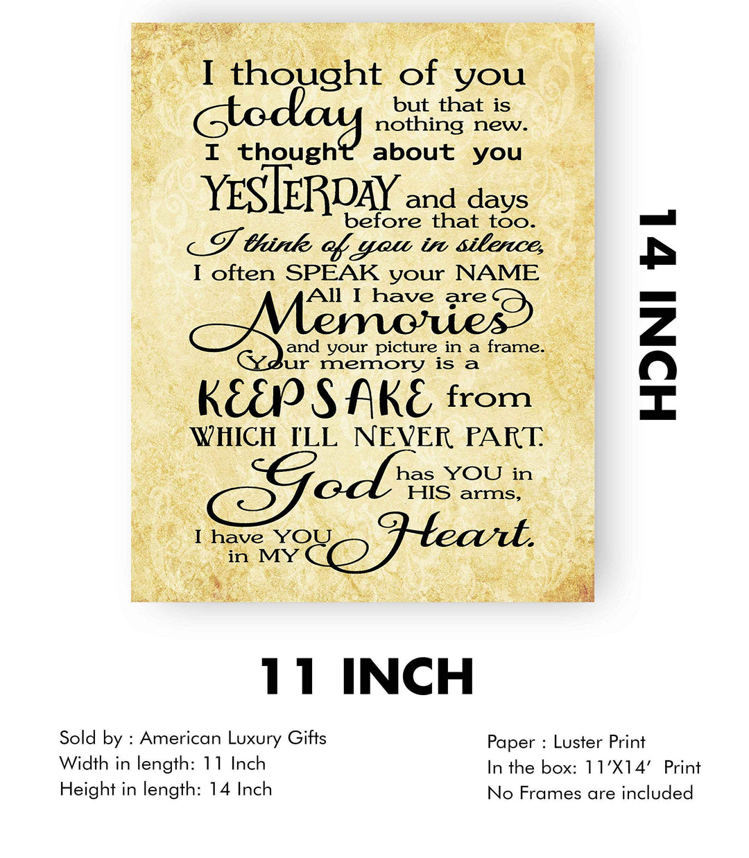 Thought of You Today-Yesterday-Have You In My Heart-Spiritual Wall Art Print-11 x 14"-Ready to Frame. Replica Distressed Parchment Print for Home-Office-Studio Decor. Great Memorial Keepsake!