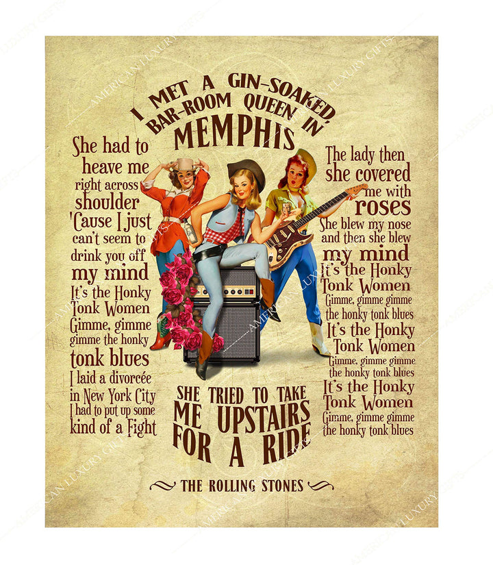 Rolling Stones-"Honky Tonk Women"-Song Lyric Wall Art Sign -11 x 14" Distressed Typographic Music Print-Ready to Frame. Home-Studio-Bar-Man Cave Decor. Perfect for Stones &amp; All Rock Music Fans!