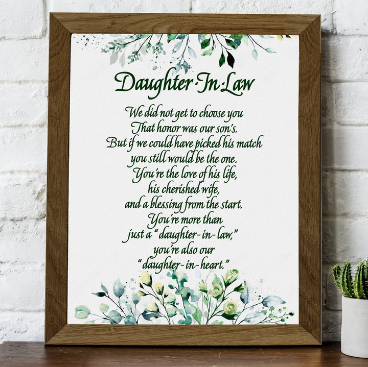 Daughter-in-Law, We Choose You Inspirational Wall Art -8 x 10" Floral Keepsake Poem Print -Ready to Frame. Heartfelt Gift Saying Welcome To Our Family. Great Wedding Gift for Any In-Law&
