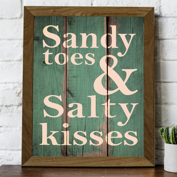 Sandy Toes &amp; Salty Kisses Fun, Rustic Beach House Sign -8 x 10" Ocean Themed Wall Print w/Replica Wood Design -Ready to Frame. Perfect Home-Cabin-Nautical-Coastal Decor. Printed on Photo Paper.