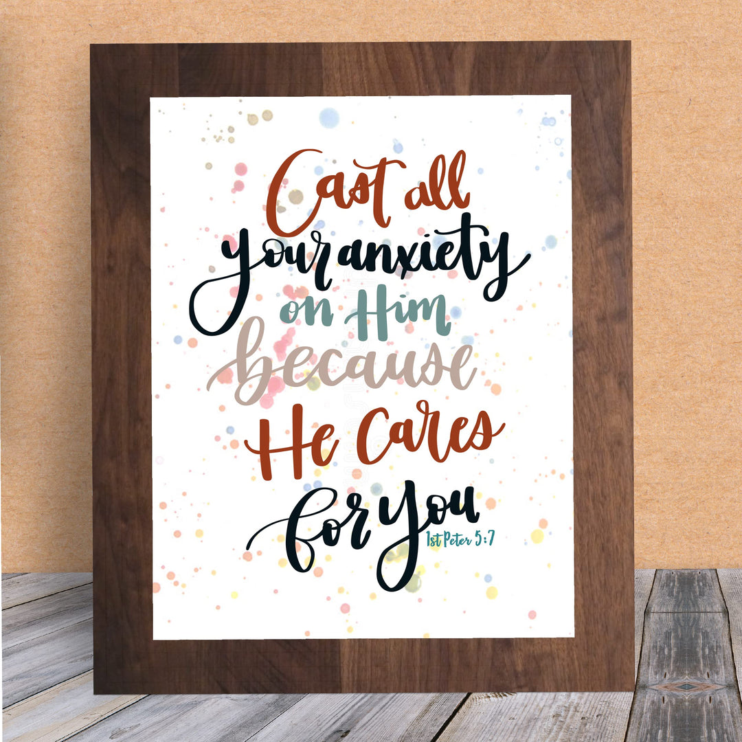 Cast All Your Anxiety On Him Bible Verse Wall Art Decor -8 x 10" Inspirational Christian Scripture Print -Ready to Frame. Religious Decoration for Home-Office-Church-School Decor. 1 Peter 5:7.