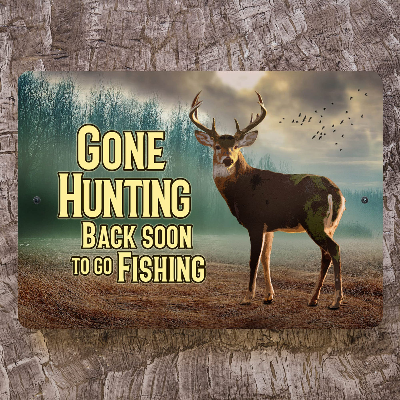 Gone Hunting -Back Soon to Go Fishing Metal Signs Vintage Wall Art -12 x 8  Funny Rustic Outdoor Hunt Sign for Lake House, Patio, Camp, Lodge - Tin